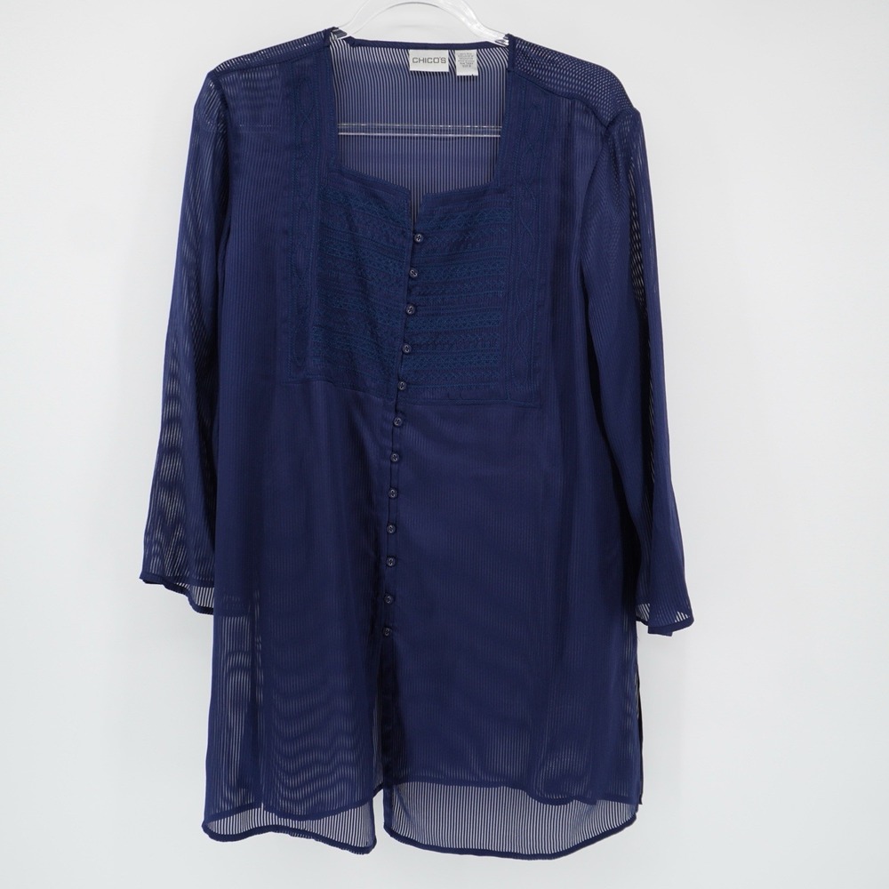 Chico's 100% Silk Button Up Blouse Shirt Size 2 Navy Sheer Embroidered Career